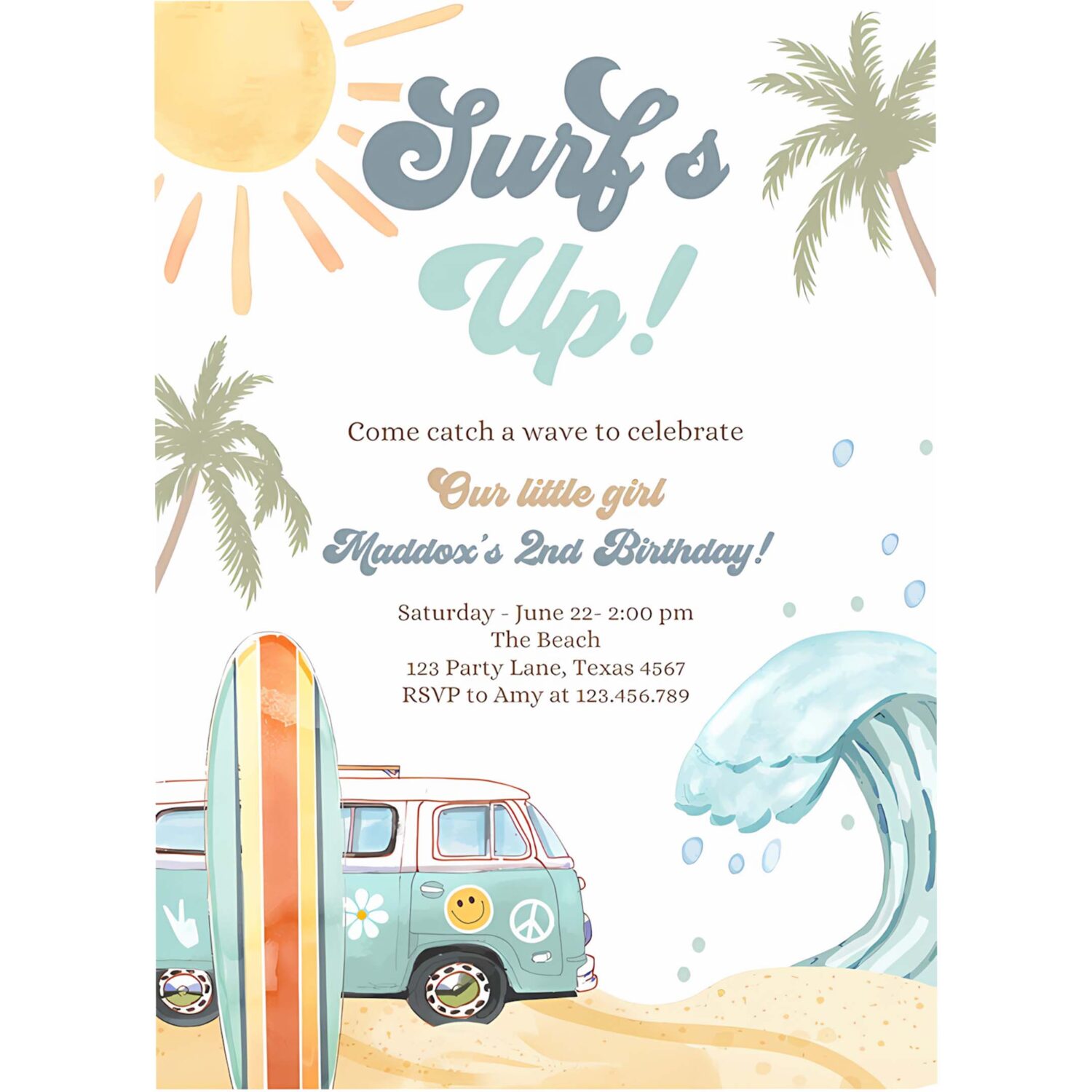 Editable surfs up birthday party invitation retro surfboard beach party wave surfer the big one invite download template corjl digital 0433 4
