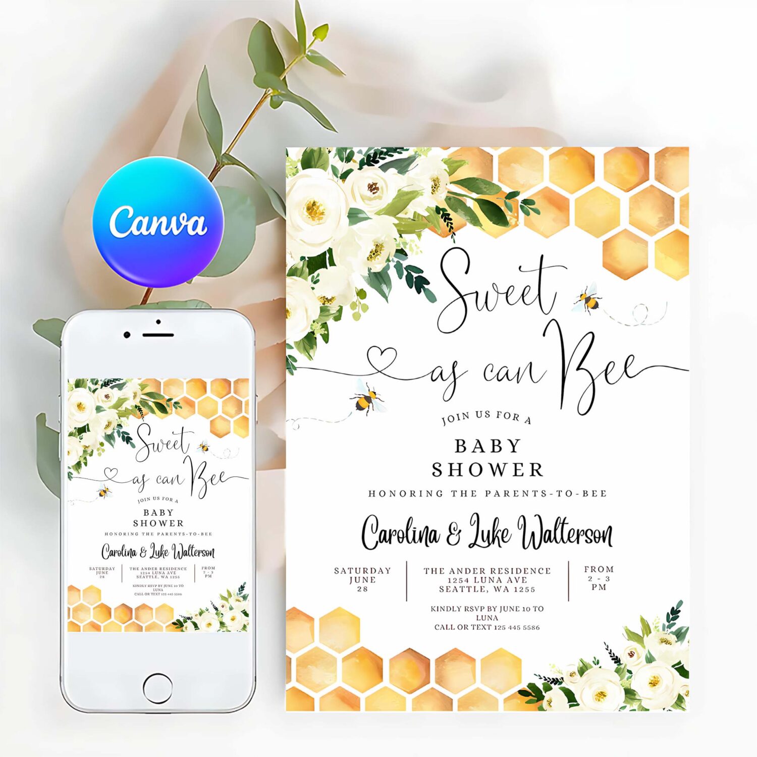Editable sweet as can bee baby shower invitation gender neutral mommy to bee shower invite printable template