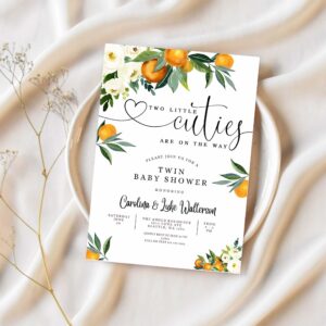 Editable twins two little cuties are on the way greenery orange gender neutral baby shower invitation template 1