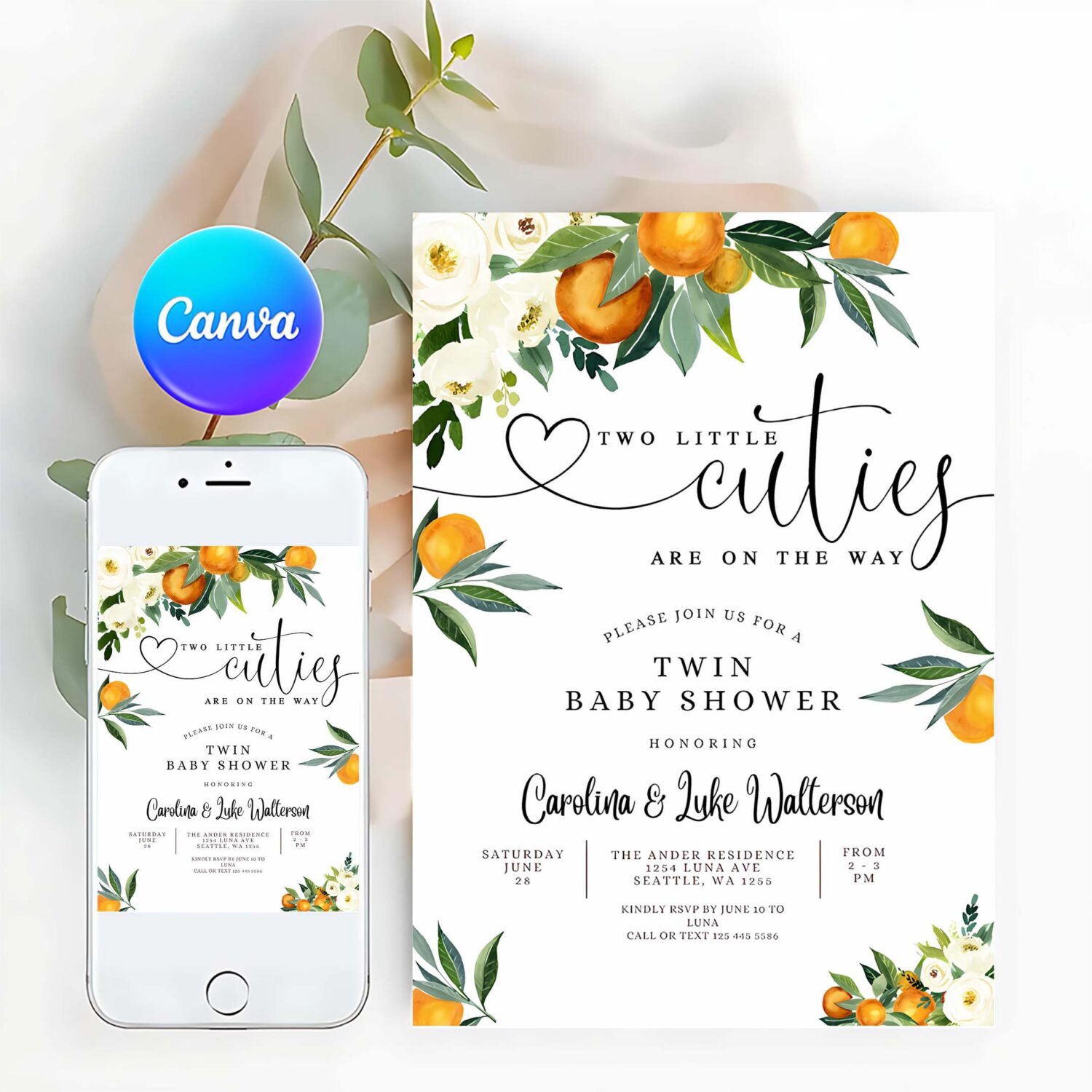 Editable twins two little cuties are on the way greenery orange gender neutral baby shower invitation template