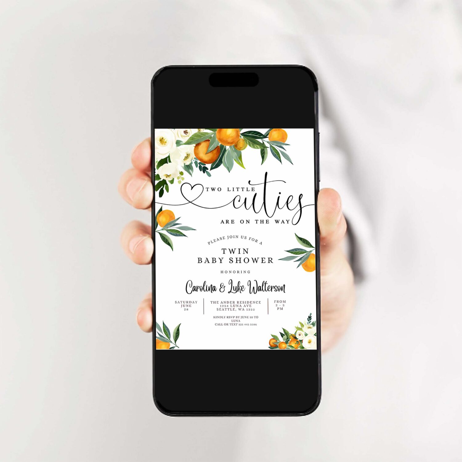Editable twins two little cuties are on the way greenery orange gender neutral baby shower invitation template 2