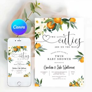 Greenery Invitation, TWINS Two Little Cuties are on the Way Greenery Orange Gender Invitation