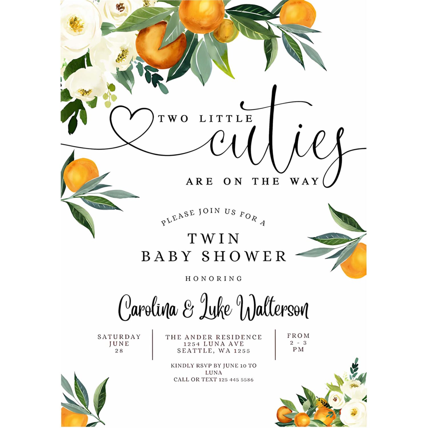 Editable twins two little cuties are on the way greenery orange gender neutral baby shower invitation template 4