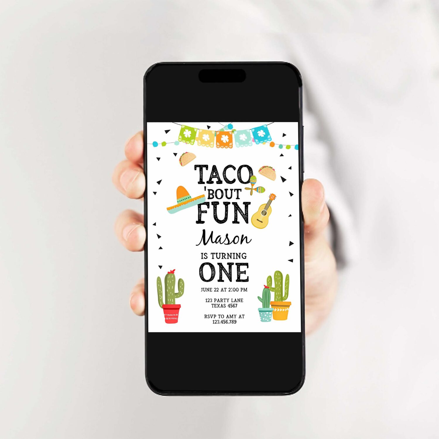 Editable taco bout fun birthday invitation boy first fiesta cactus sombrero blue instant download printable invitation template corjl 0161 2