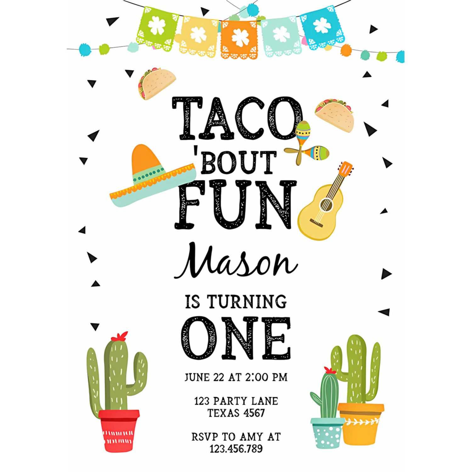 Editable taco bout fun birthday invitation boy first fiesta cactus sombrero blue instant download printable invitation template corjl 0161 4