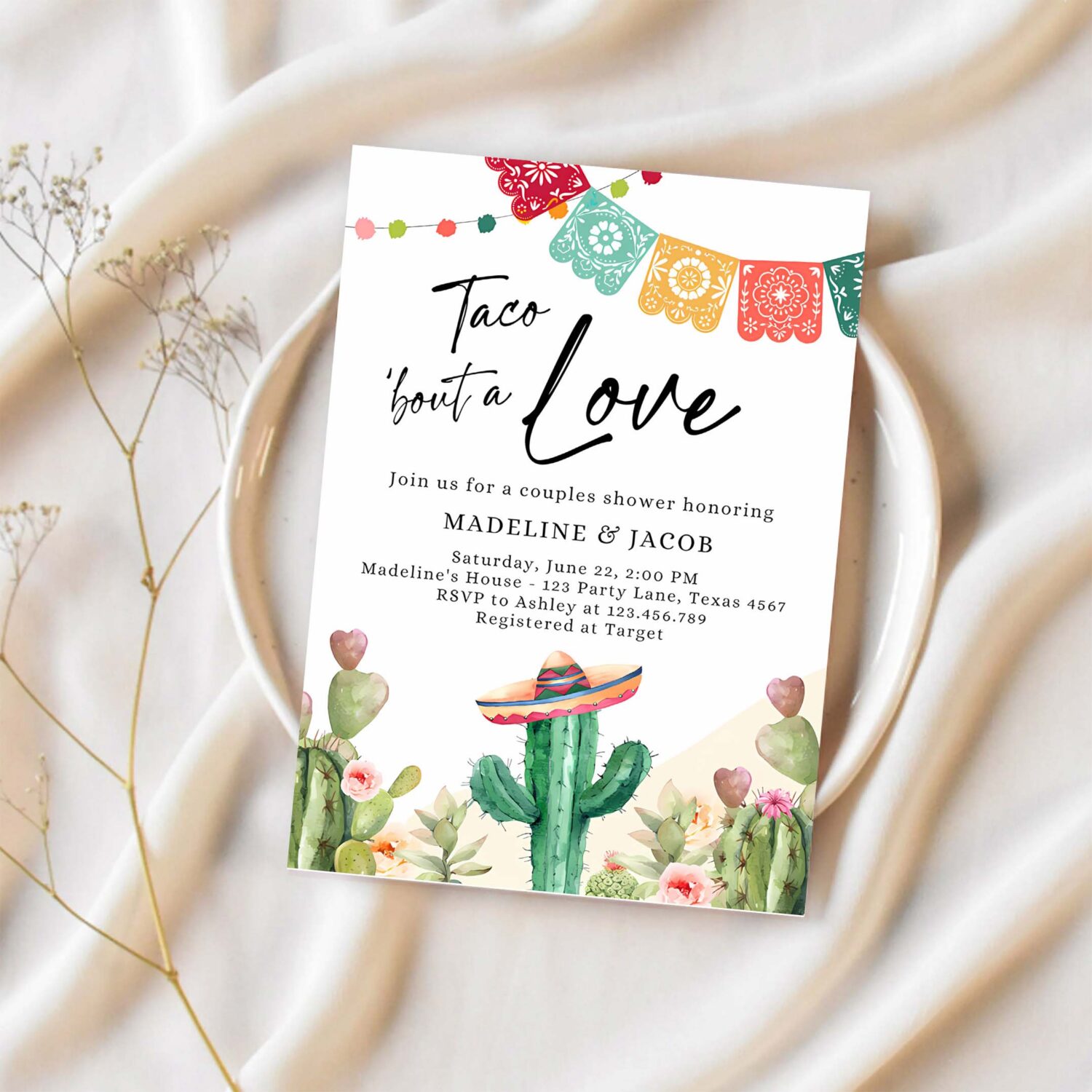 Editable taco bout love couples shower invitation fiesta cactus succulent mexican desert digital download corjl template printable 0404 1