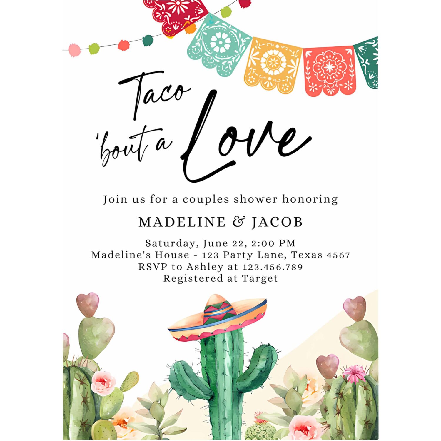Editable taco bout love couples shower invitation fiesta cactus succulent mexican desert digital download corjl template printable 0404 4