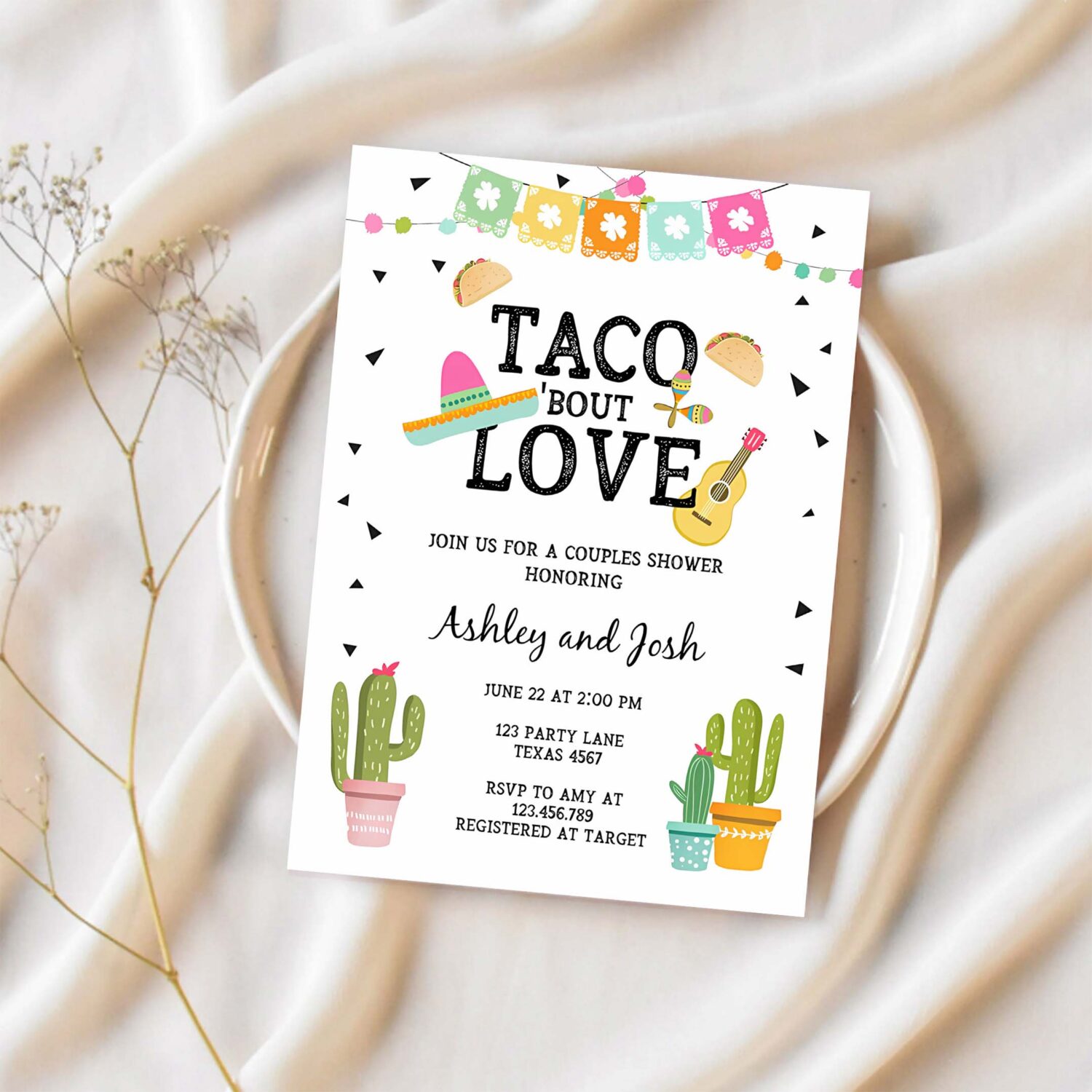 Editable taco bout love couples shower invitation fiesta cactus succulent mexican green pink digital download corjl template printable 0161 1