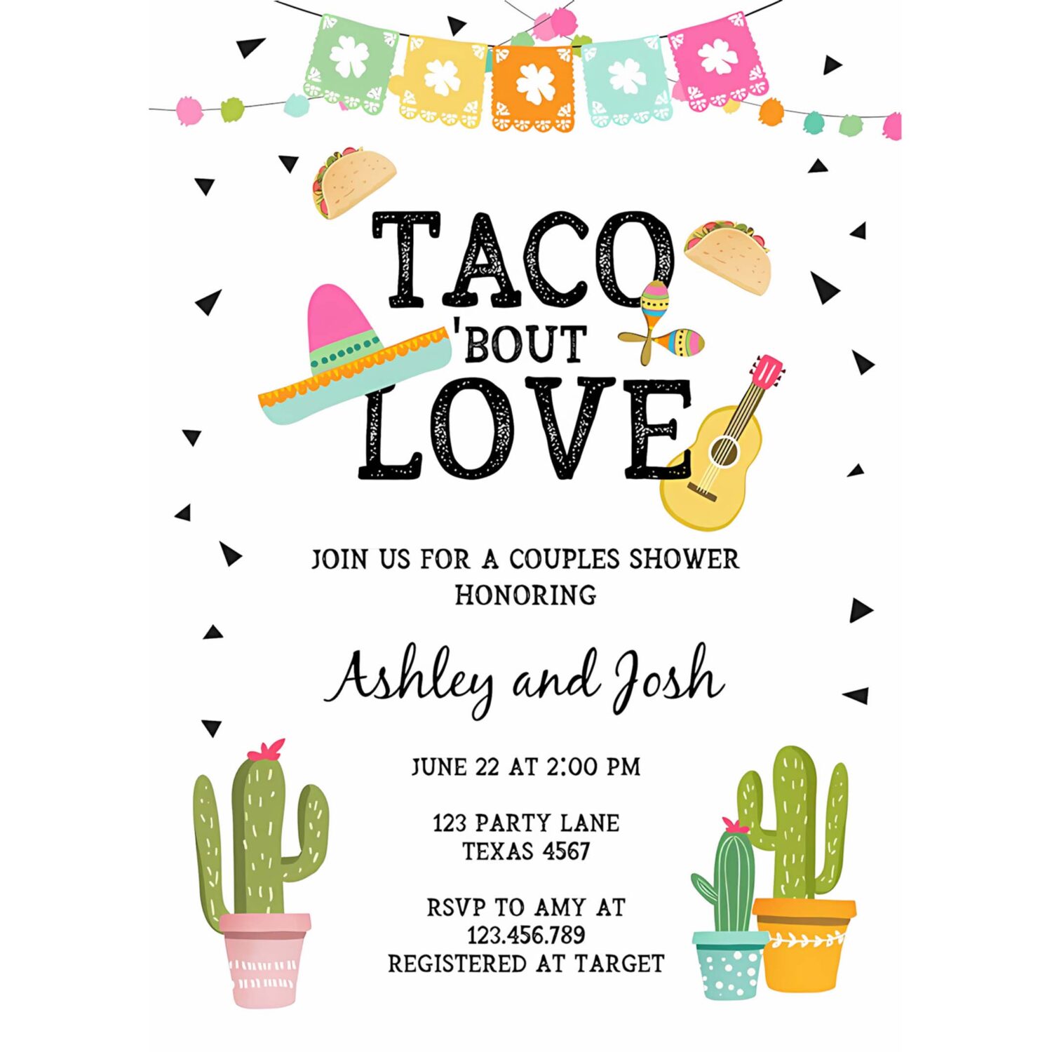 Editable taco bout love couples shower invitation fiesta cactus succulent mexican green pink digital download corjl template printable 0161 4