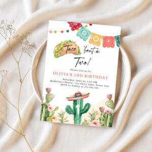 Editable taco bout two birthday invitation any age girl boy cactus fiesta mexican second birthday download printable corjl template 0404 1