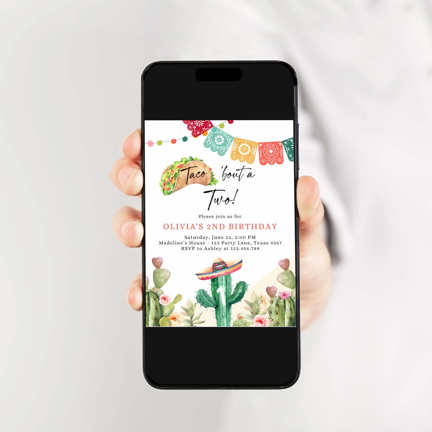 Editable taco bout two birthday invitation any age girl boy cactus fiesta mexican second birthday download printable corjl template 0404 2