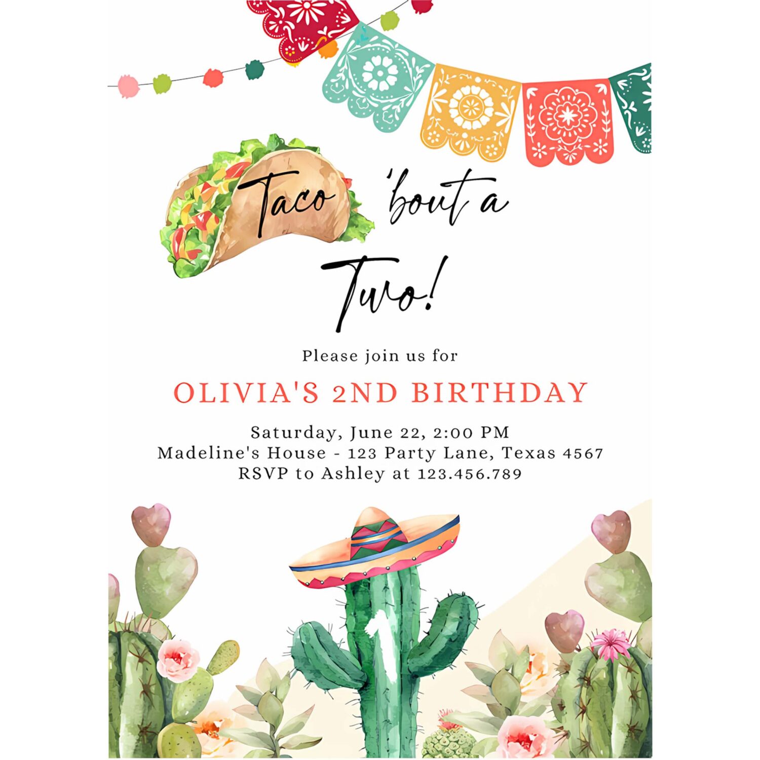 Editable taco bout two birthday invitation any age girl boy cactus fiesta mexican second birthday download printable corjl template 0404 4