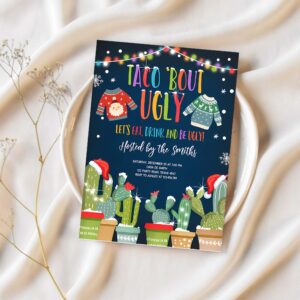Editable taco bout ugly sweater christmas invitation fiesta cactus mexican holiday feliz navidad digital printable corjl template 0273 1