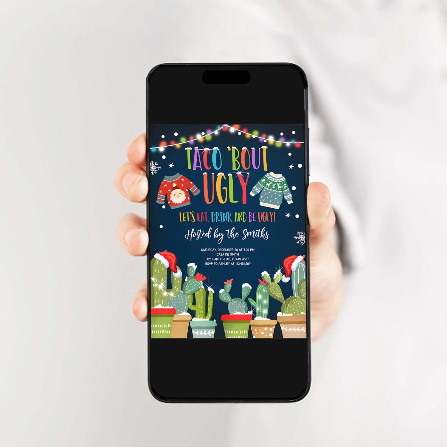 Editable taco bout ugly sweater christmas invitation fiesta cactus mexican holiday feliz navidad digital printable corjl template 0273 2