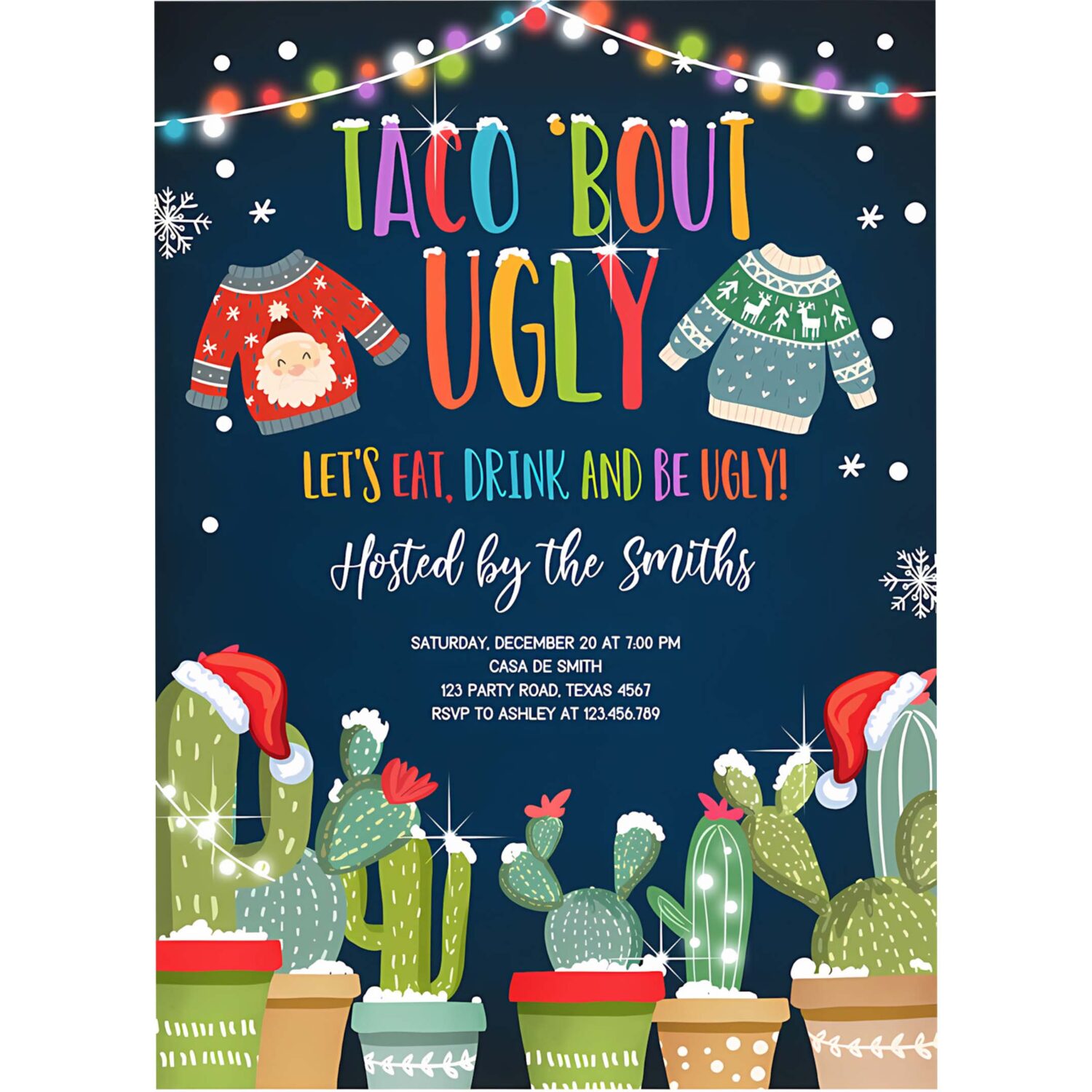 Editable taco bout ugly sweater christmas invitation fiesta cactus mexican holiday feliz navidad digital printable corjl template 0273 4