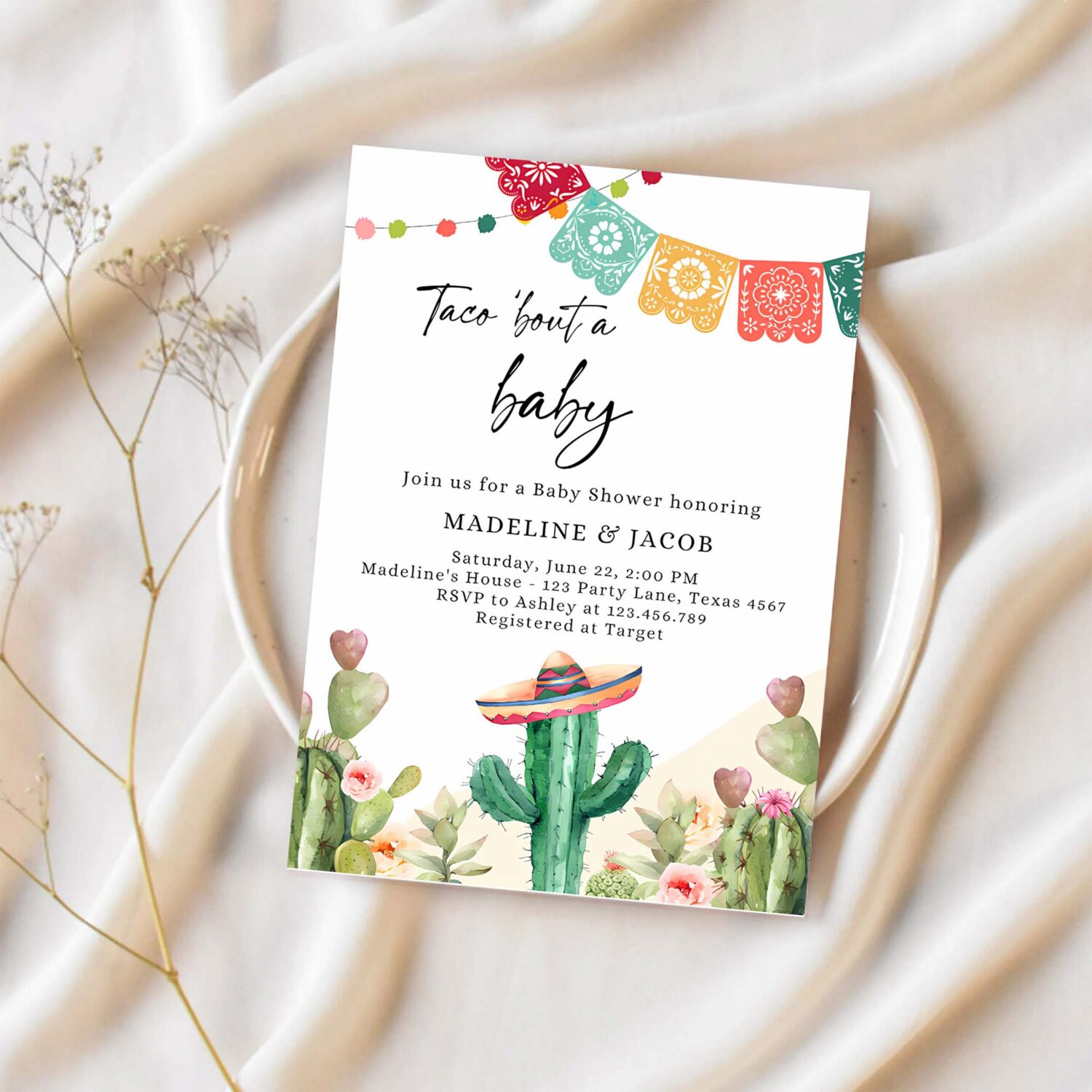 Editable taco bout a baby shower invitation cactus mexican fiesta baby shower desert floral download printable invite template corjl 0404 1