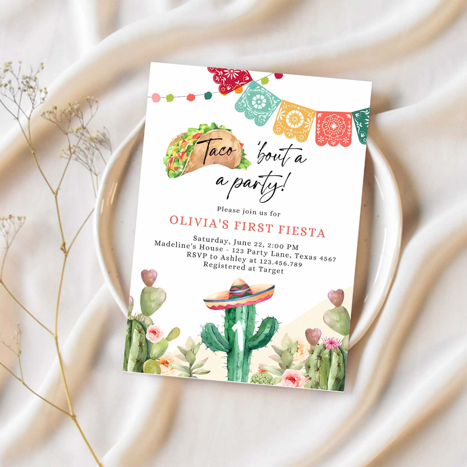 Editable taco bout a party birthday invitation fiesta any age cactus mexican floral cinco de mayo download printable corjl template 0404 1