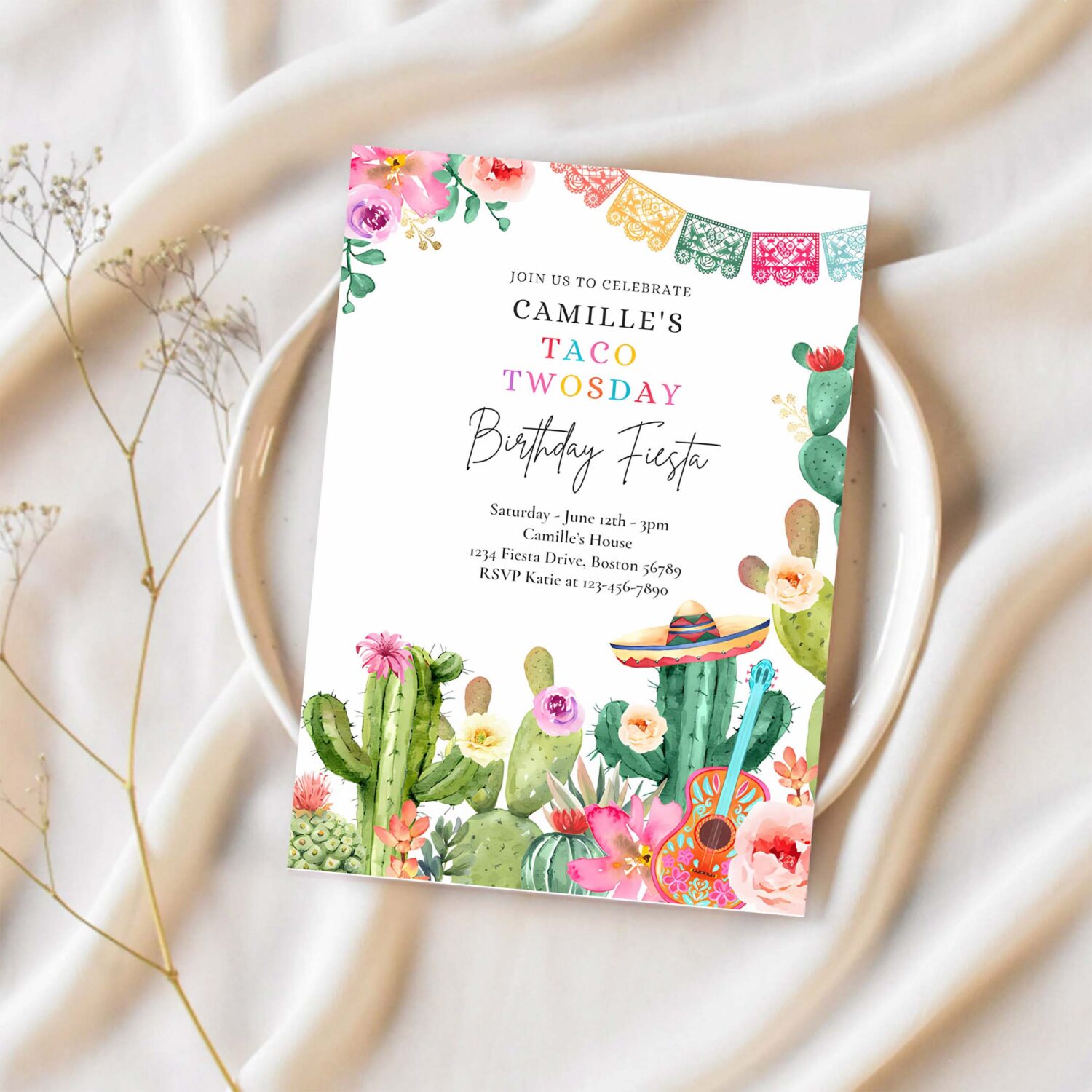 Editable taco twosday 2nd birthday fiesta invitation fiesta 2nd birthday party watercolor cactus mexican birthday party 1