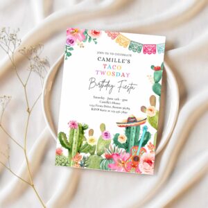 Editable taco twosday 2nd birthday fiesta invitation fiesta 2nd birthday party watercolor cactus mexican birthday party 1