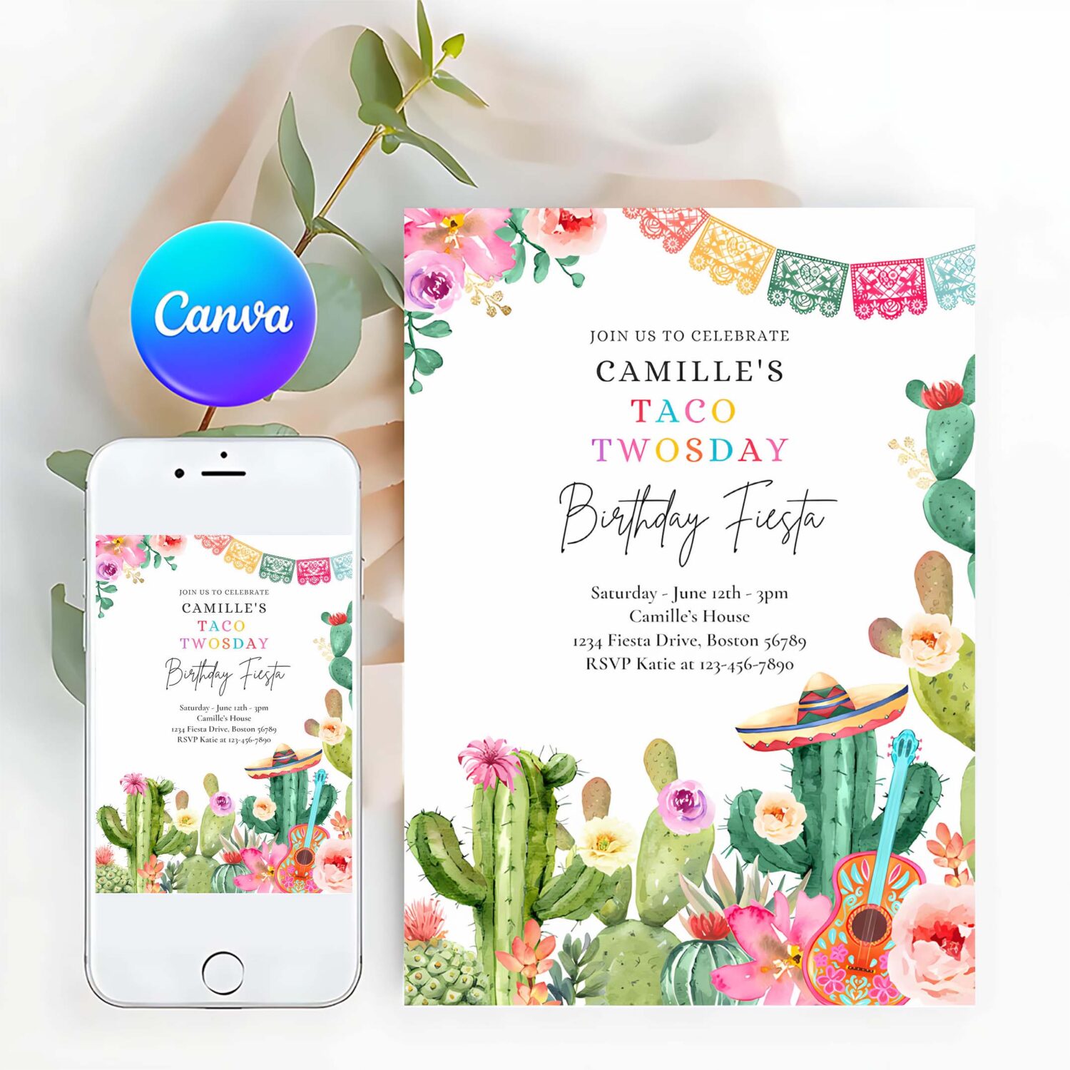 Editable taco twosday 2nd birthday fiesta invitation fiesta 2nd birthday party watercolor cactus mexican birthday party