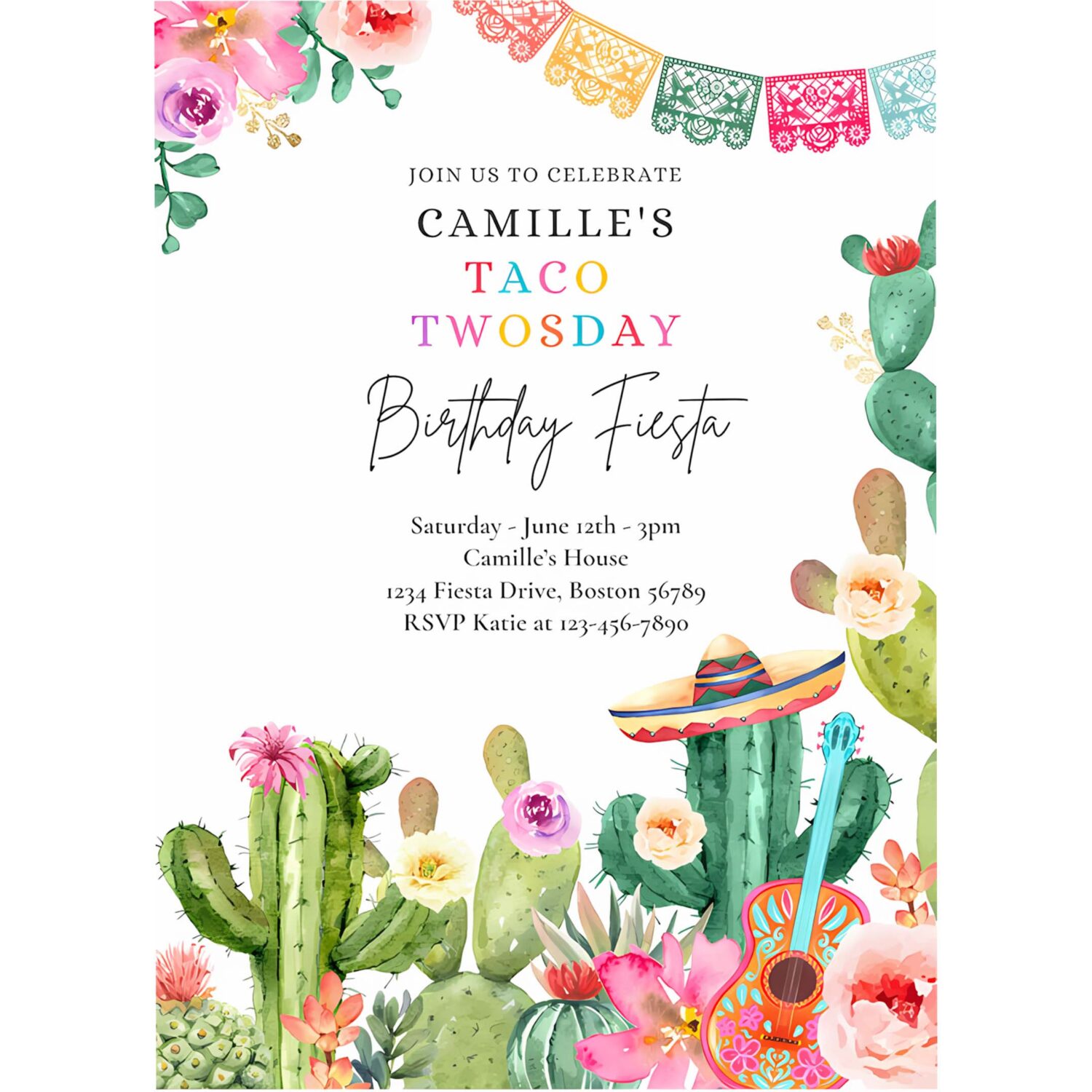 Editable taco twosday 2nd birthday fiesta invitation fiesta 2nd birthday party watercolor cactus mexican birthday party 4