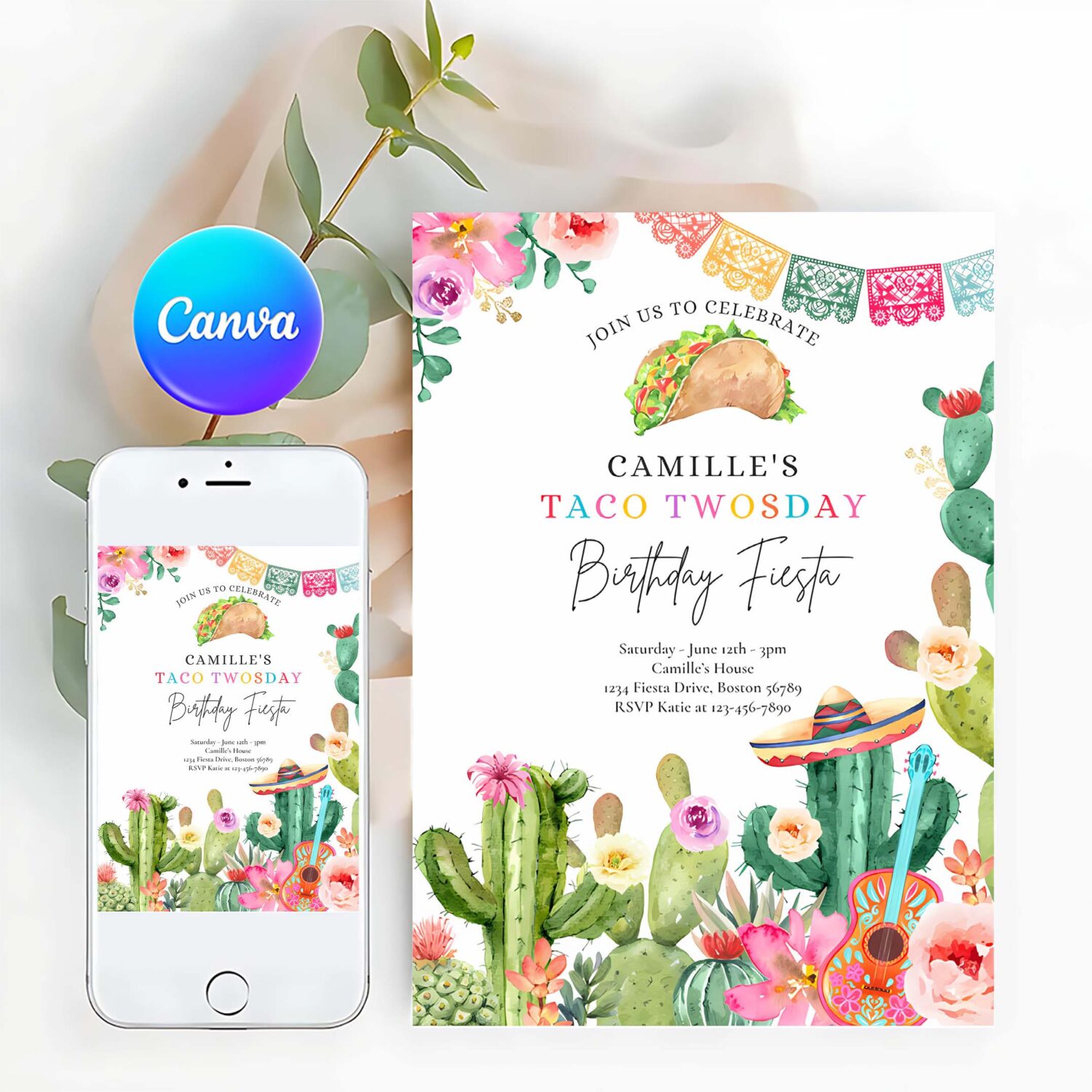 Editable taco twosday 2nd birthday fiesta party invitation fiesta 2nd birthday party watercolor cactus mexican birthday party