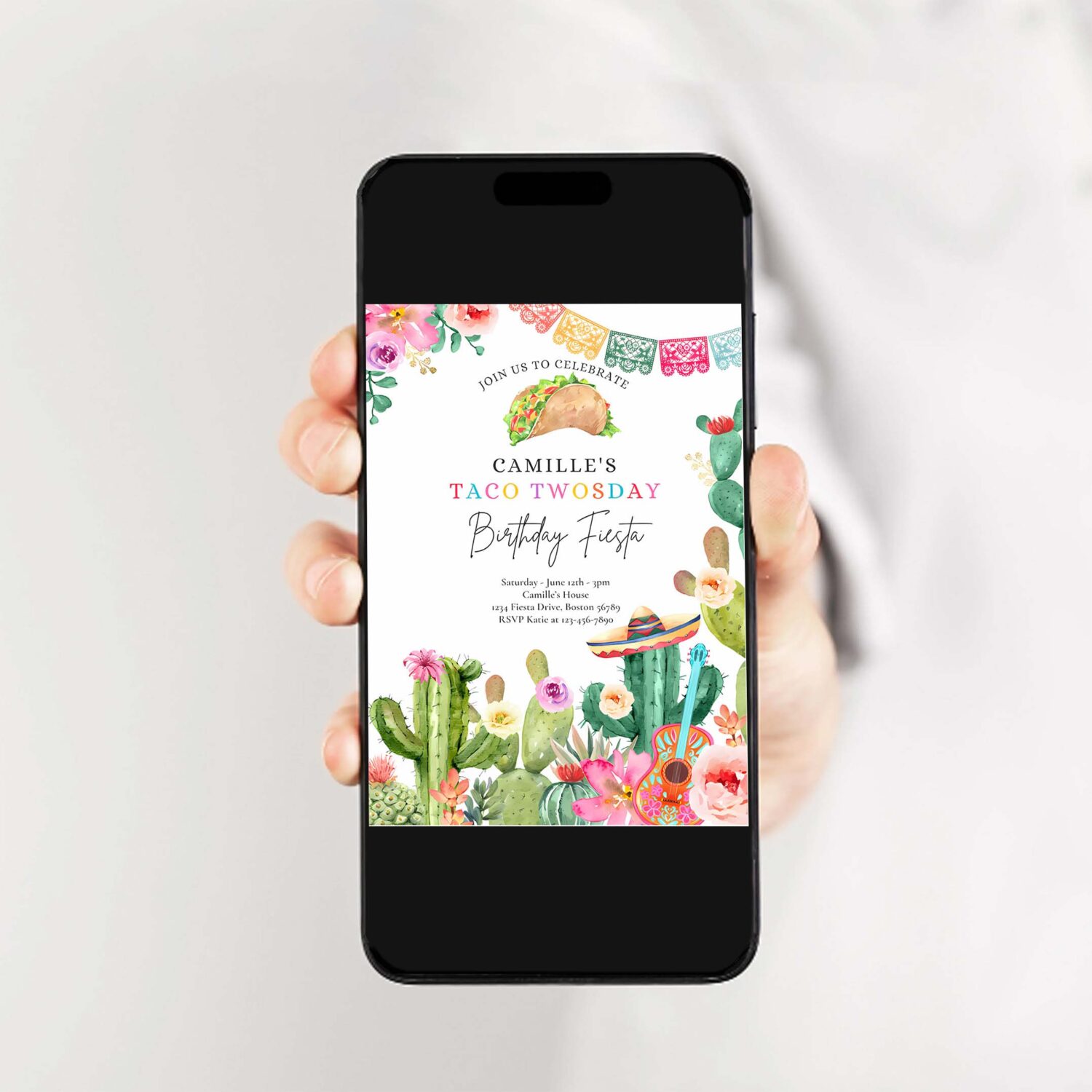 Editable taco twosday 2nd birthday fiesta party invitation fiesta 2nd birthday party watercolor cactus mexican birthday party 2