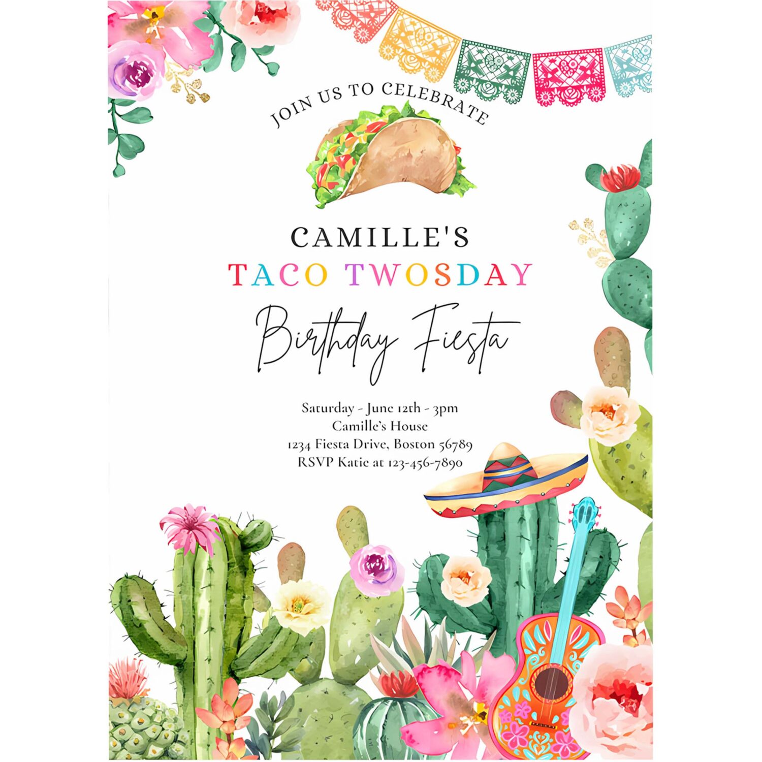 Editable taco twosday 2nd birthday fiesta party invitation fiesta 2nd birthday party watercolor cactus mexican birthday party 4