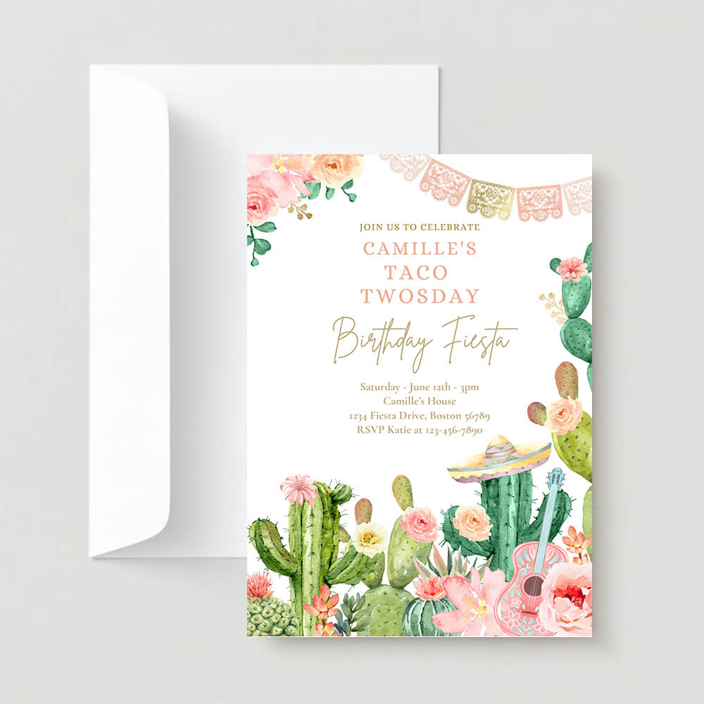 Editable Taco Twosday 2nd Birthday Fiesta Party Invite Fiesta 2nd Birthday Party Watercolor Cactus Mexican Birthday Party