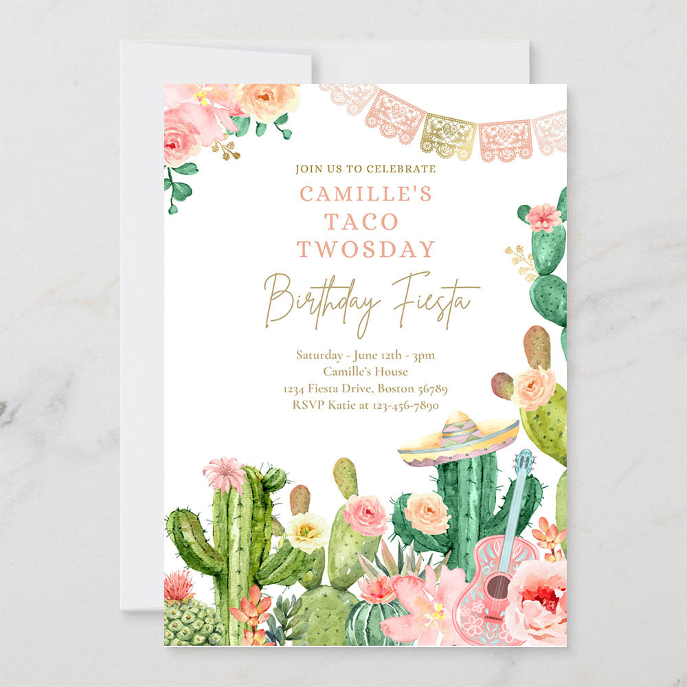 Editable Taco Twosday 2nd Birthday Fiesta Party Invite Fiesta 2nd Birthday Party Watercolor Cactus Mexican Birthday Party