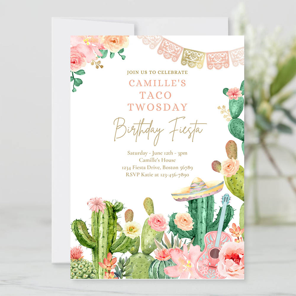 Editable Taco Twosday 2nd Birthday Fiesta Party Invite Fiesta 2nd Birthday Party Watercolor Cactus Mexican Birthday Party