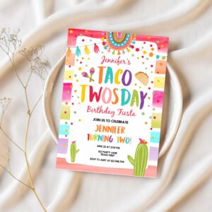 Editable taco twosday fiesta birthday invitation second birthday 2nd cactus mexican tacos girl cactus download corjl template printable 0134 1