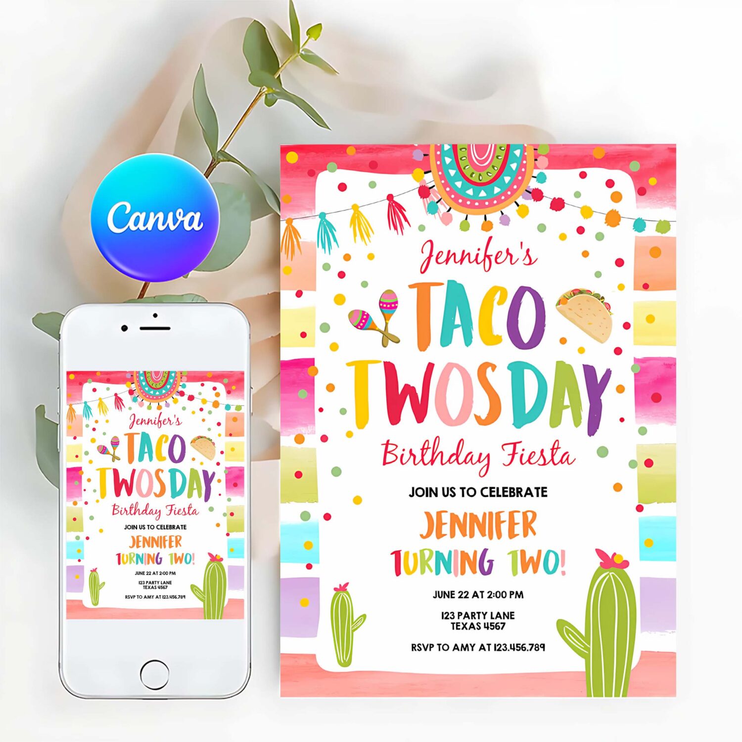 Editable taco twosday fiesta birthday invitation second birthday 2nd cactus mexican tacos girl cactus download corjl template printable 0134