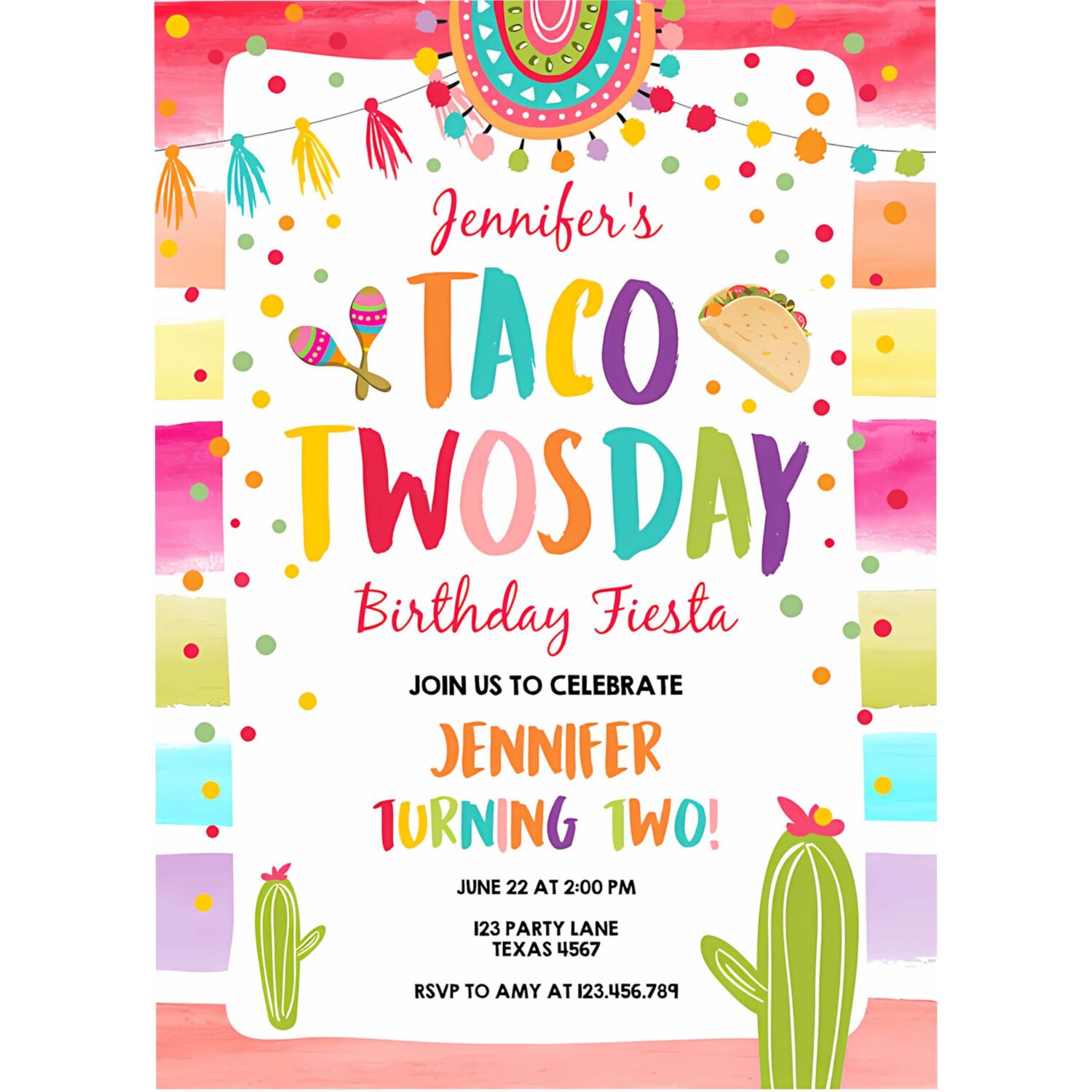 Editable taco twosday fiesta birthday invitation second birthday 2nd cactus mexican tacos girl cactus download corjl template printable 0134 4