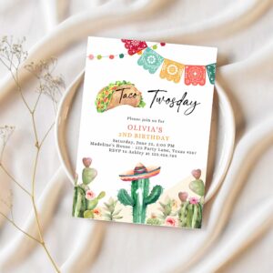 Editable taco twosday fiesta birthday invitation second birthday 2nd cactus mexican tacos girl cactus download corjl template printable 0404 1