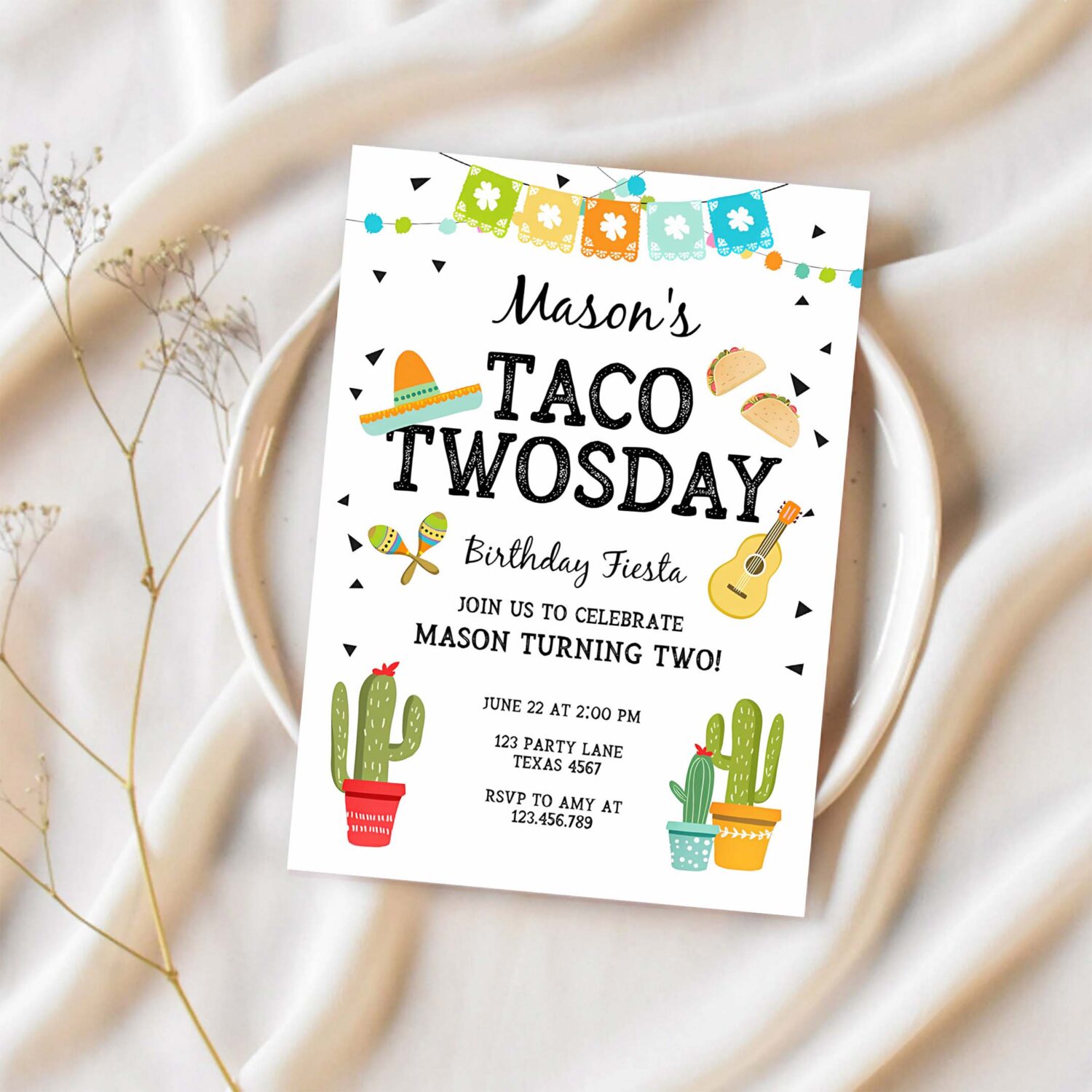 Editable taco twosday invitation mexican twosday birthday fiesta 2nd birthday boy fiesta two 1