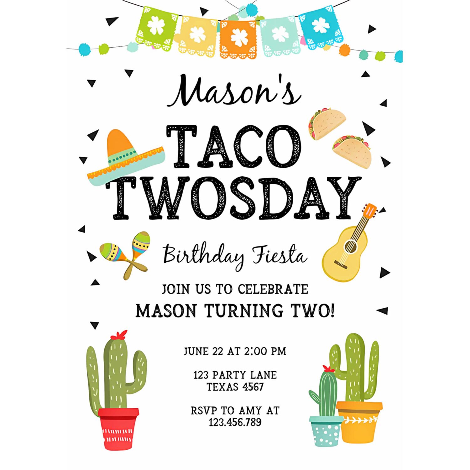 Editable taco twosday invitation mexican twosday birthday fiesta 2nd birthday boy fiesta two 4