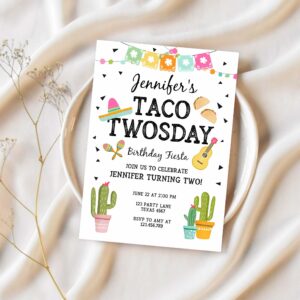 Editable taco twosday invitation mexican twosday birthday fiesta 2nd birthday girl pink mint download printable invite template corjl 0161 1