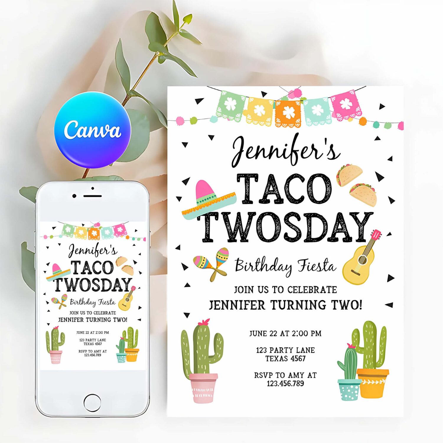 Editable taco twosday invitation mexican twosday birthday fiesta 2nd birthday girl pink mint download printable invite template corjl 0161