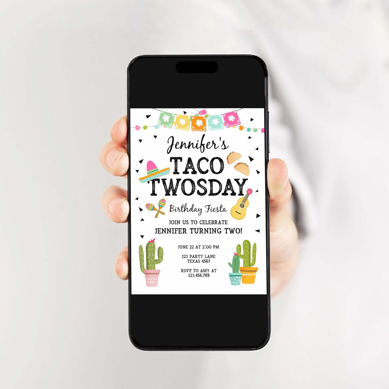 Editable taco twosday invitation mexican twosday birthday fiesta 2nd birthday girl pink mint download printable invite template corjl 0161 2