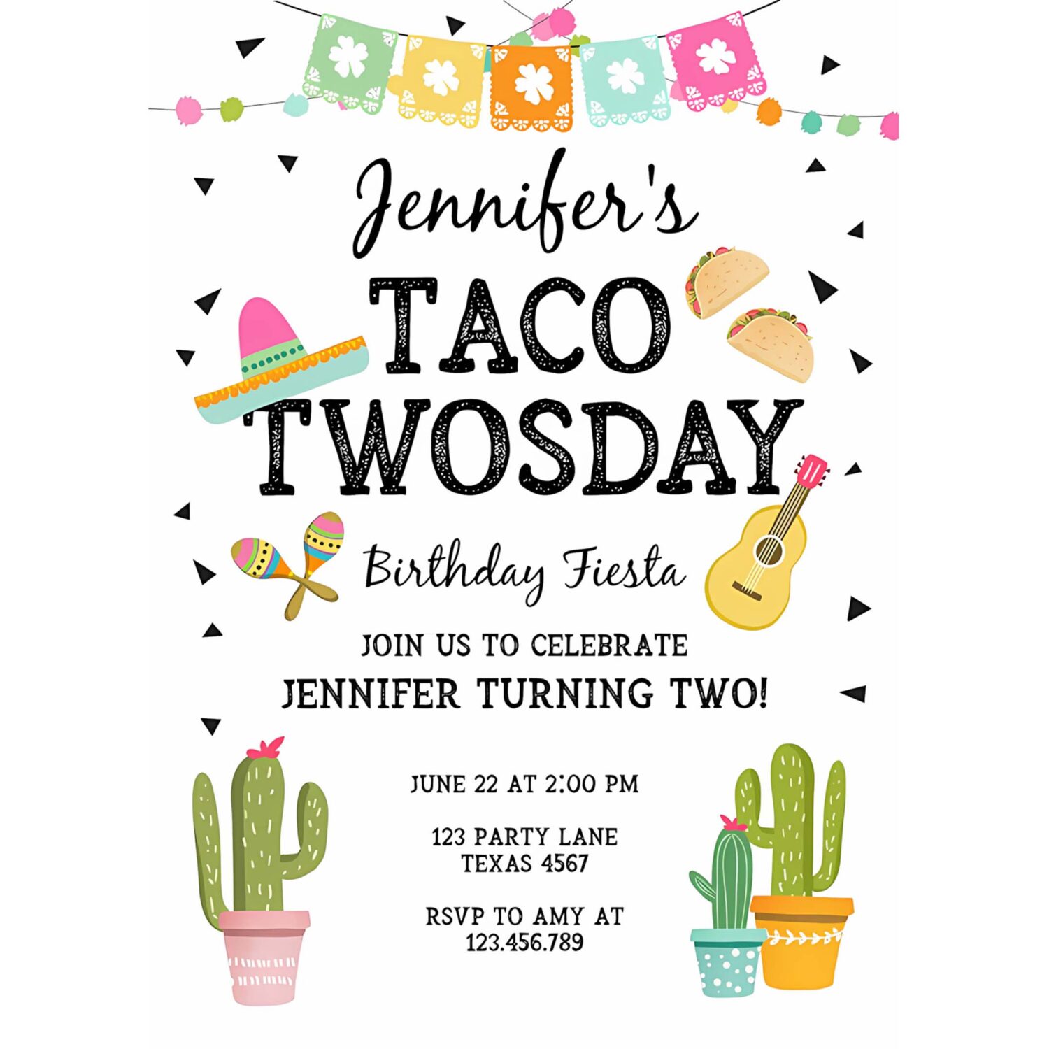 Editable taco twosday invitation mexican twosday birthday fiesta 2nd birthday girl pink mint download printable invite template corjl 0161 4