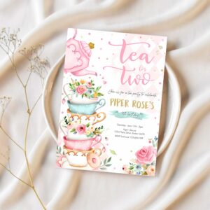 Editable tea for two birthday invitation tea for two 2nd birthday party pink gold floral whimsical tea party 1