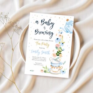 Editable tea party baby shower invitation tea shower sprinkle floral blue boy gold brunch bubbly download corjl template printable 0349 1