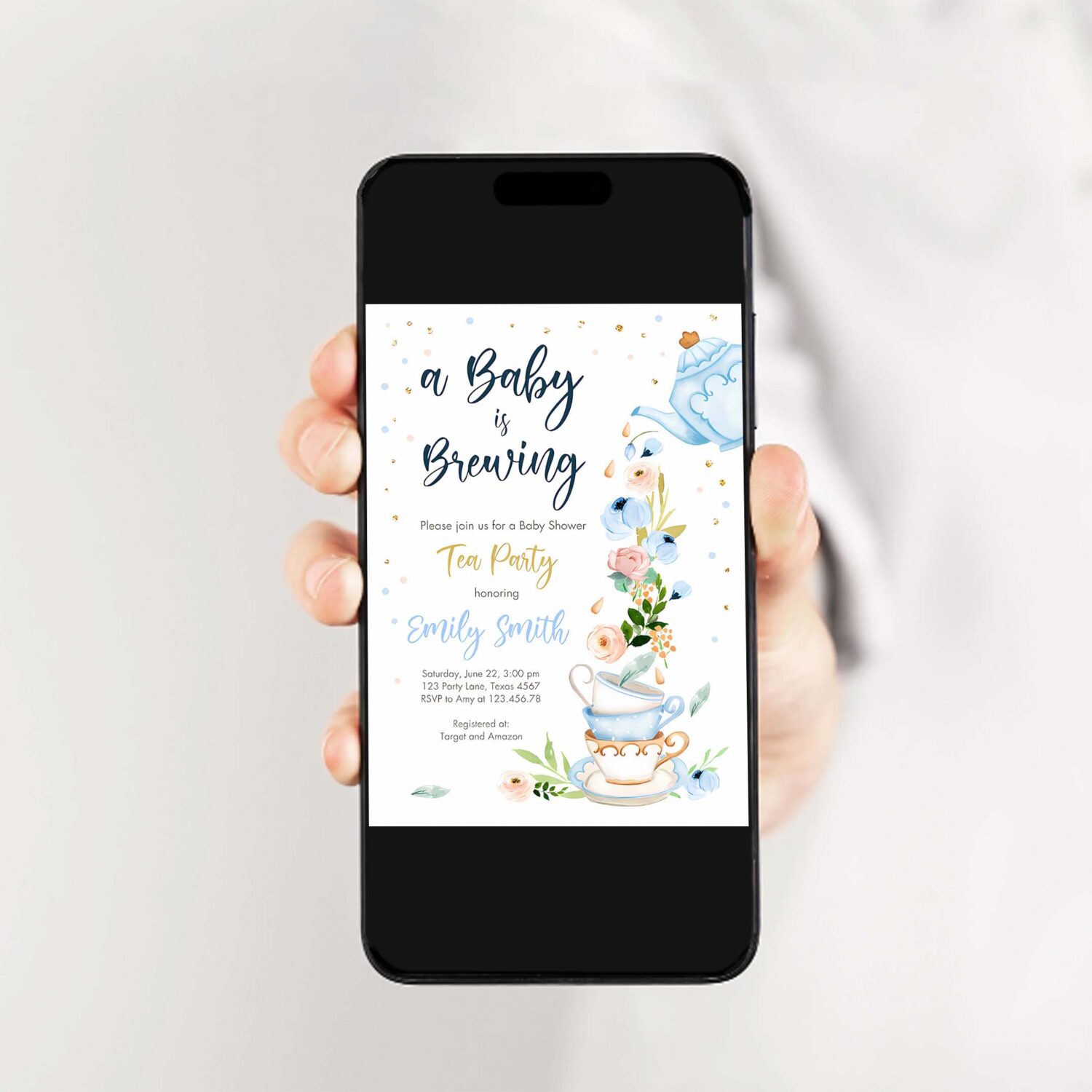 Editable tea party baby shower invitation tea shower sprinkle floral blue boy gold brunch bubbly download corjl template printable 0349 2