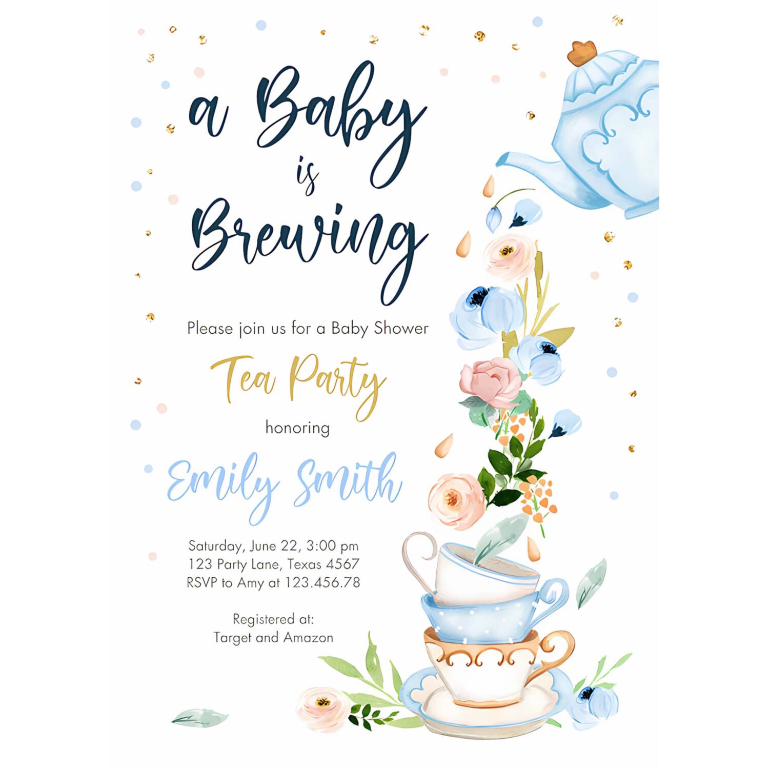 Editable tea party baby shower invitation tea shower sprinkle floral blue boy gold brunch bubbly download corjl template printable 0349 4