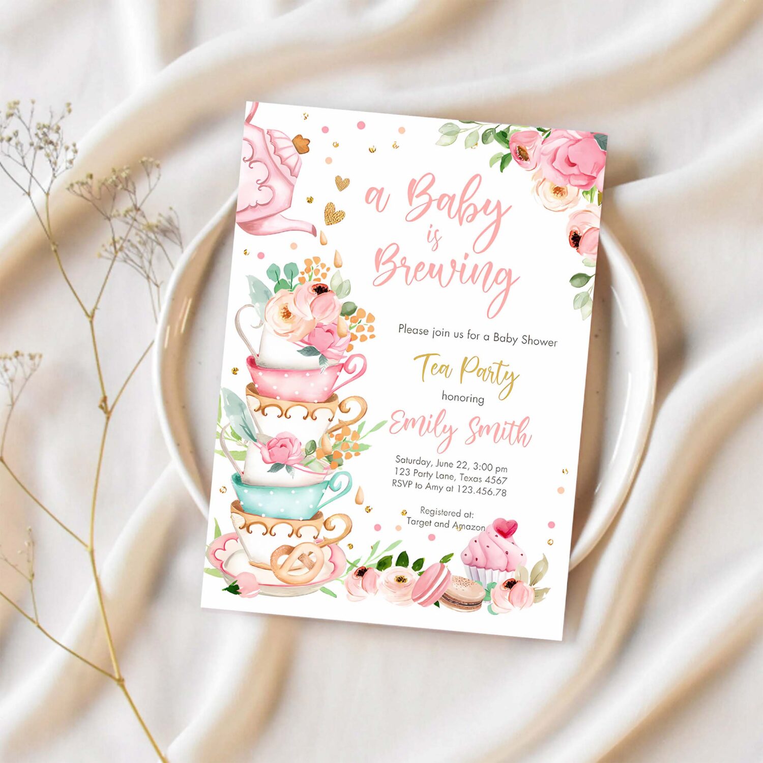 Editable tea party baby shower invitation tea shower sprinkle floral pink gold blush brunch bubbly download corjl template printable 0349 1