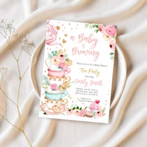 Editable tea party baby shower invitation tea shower sprinkle floral pink gold blush brunch bubbly download corjl template printable 0349 1