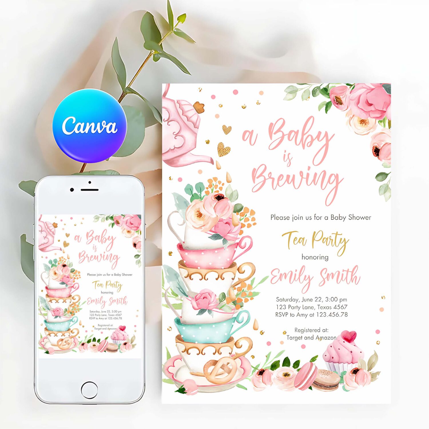 Editable tea party baby shower invitation tea shower sprinkle floral pink gold blush brunch bubbly download corjl template printable 0349