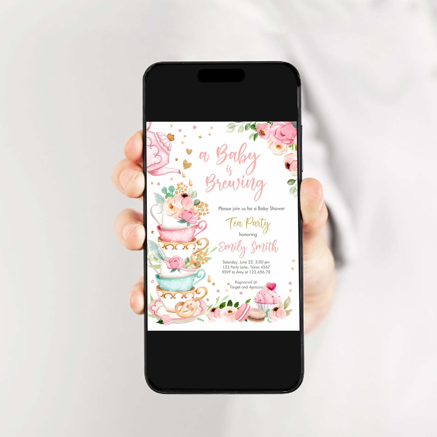 Editable tea party baby shower invitation tea shower sprinkle floral pink gold blush brunch bubbly download corjl template printable 0349 2