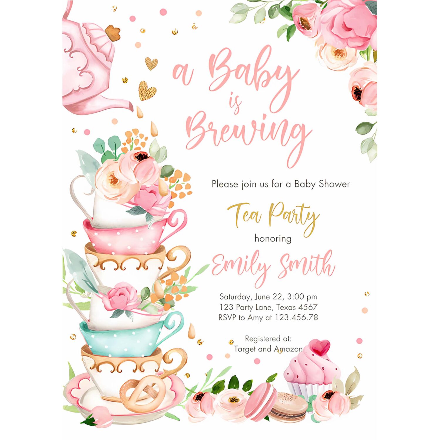 Editable tea party baby shower invitation tea shower sprinkle floral pink gold blush brunch bubbly download corjl template printable 0349 4